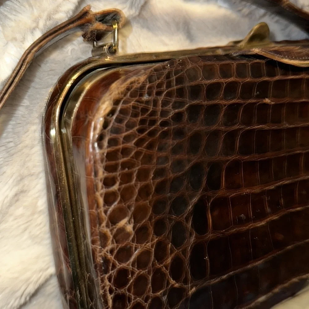 Very Authentic Crocodile Satchel Purse with Antique Gold Color Clasp & Hardware